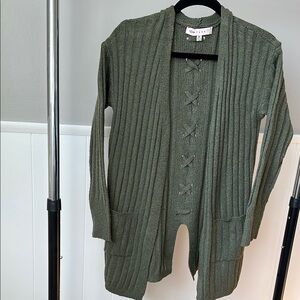 Crave Fame Green Cardigan Sweater with Ribbed Knit and Long Sleeves